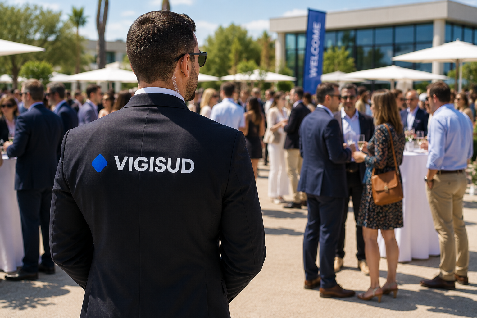 Agent VIGISUD surveillant un événement professionnel en extérieur.